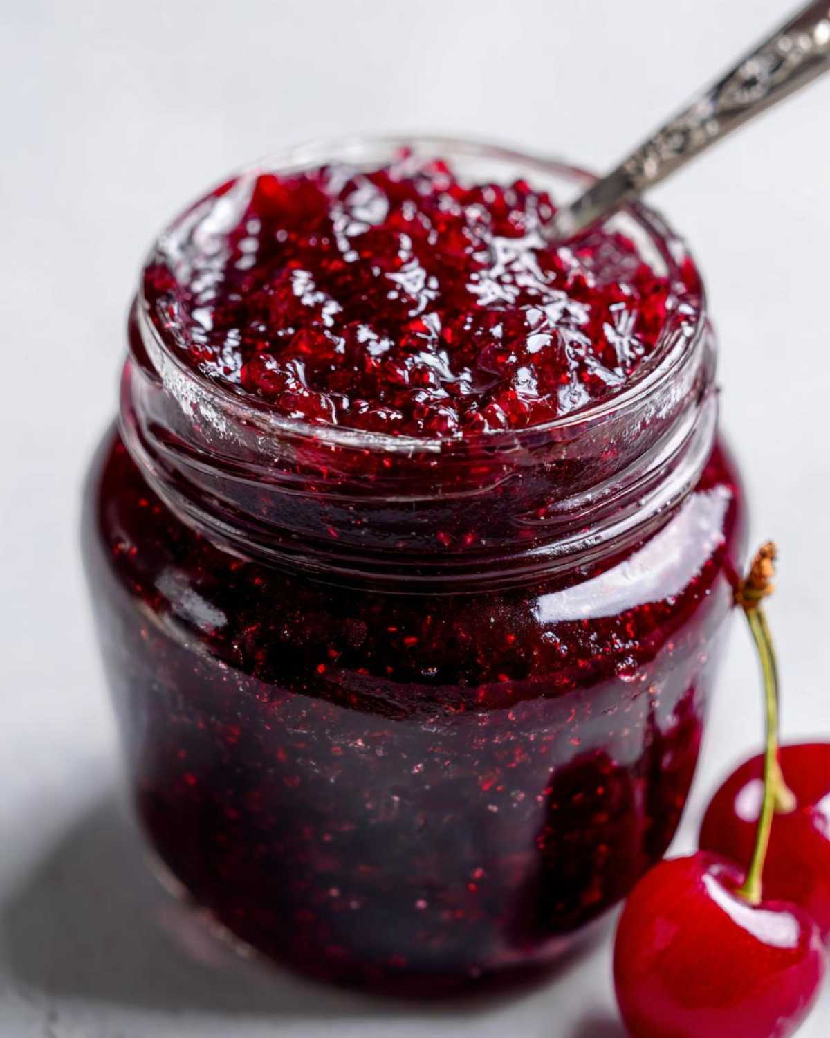 Close-up of homemade fig jam in a glass jar with a spoon and fresh figs.