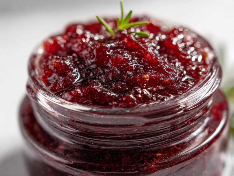 Close-up of homemade fig jam in a glass jar, topped with a sprig of rosemary.