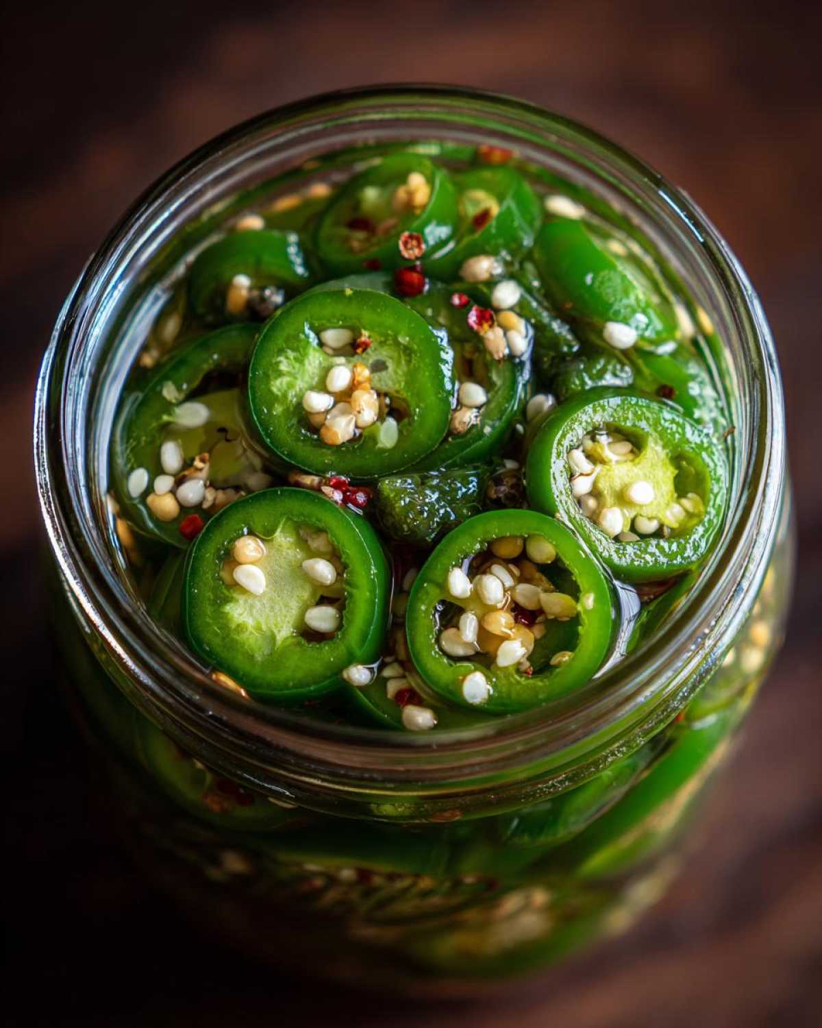 Overhead view of a glass jar filled with vibrant green pickled jalapenos and spices.
