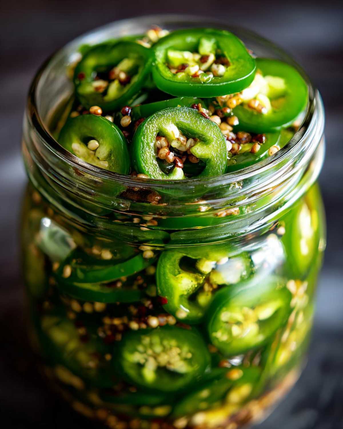 Close-up of a glass jar filled with vibrant green pickled jalapenos and pickling spices.