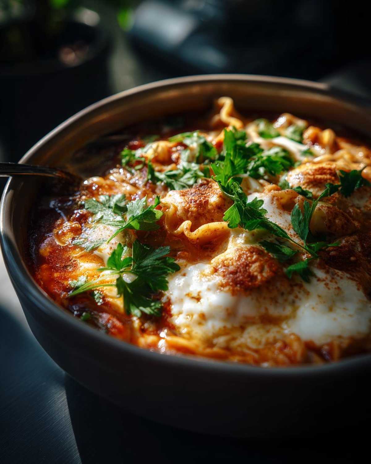 A bowl of lasagna soup, topped with cheese and fresh parsley. Ready to eat lasagna soup.