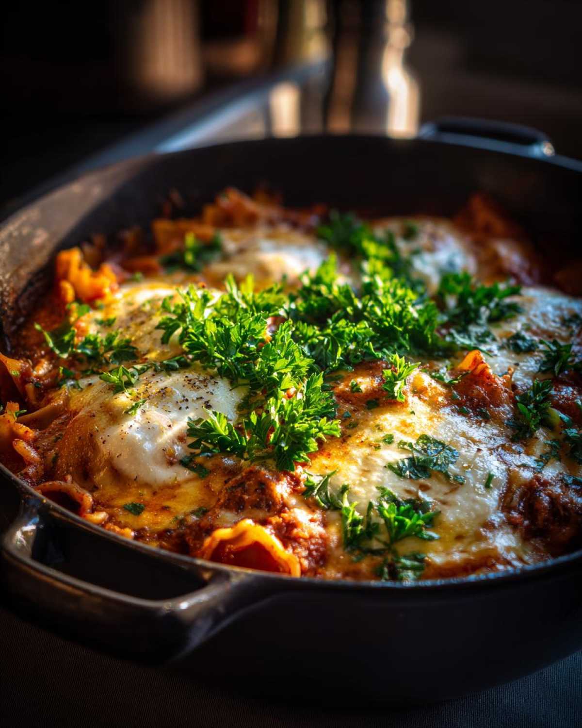 Close-up of lasagna soup in a cast iron pan, topped with cheese and fresh parsley.