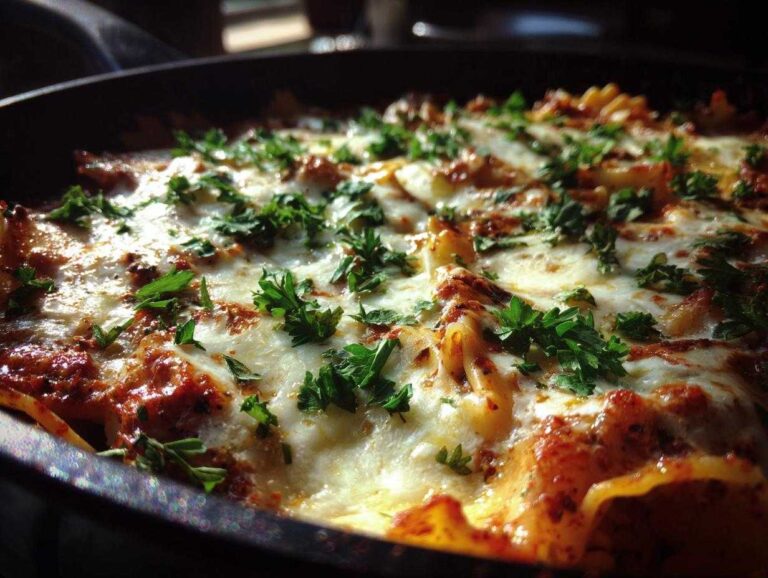 Close-up of lasagna soup with melted cheese and fresh parsley garnish. This lasagna soup is hearty and delicious.