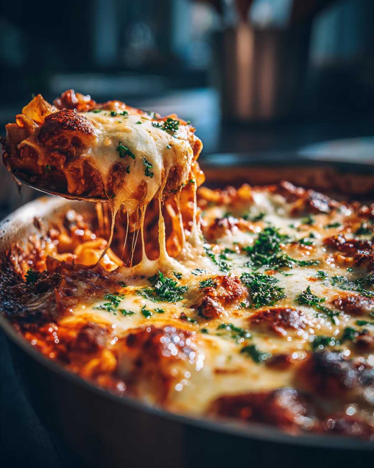 Spoonful of lasagna soup with melted cheese and parsley being lifted from a pan.