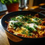 Close-up of lasagna soup with eggs baked on top, garnished with fresh parsley.
