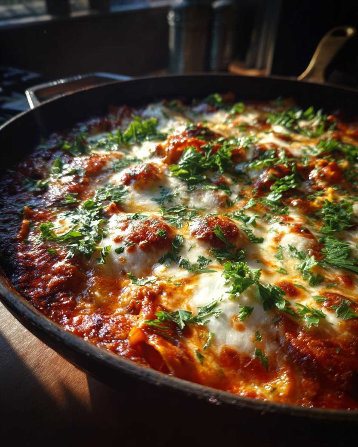 Close-up of lasagna soup in a skillet, topped with melted cheese and fresh parsley. A warm and comforting lasagna soup.
