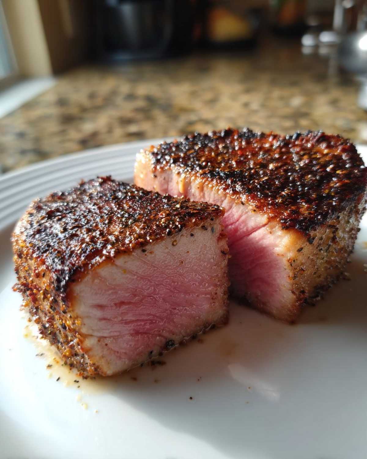 Close-up of a perfectly seared tuna steak, cut to reveal a pink center, showcasing the MARINADE FOR TUNA STEAK.