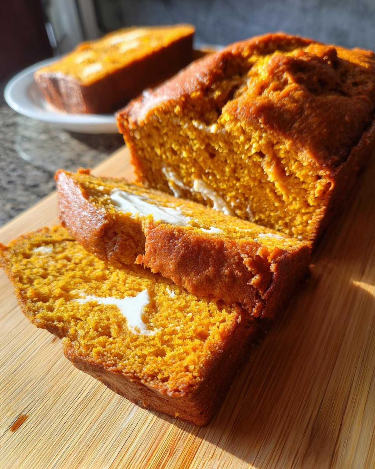 Close-up of sliced pumpkin loaf with cream cheese filling on a wooden board, showcasing its moist texture.