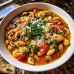A bowl of hearty pasta fagioli soup, filled with pasta, beans, tomatoes, and topped with fresh parsley and parmesan.