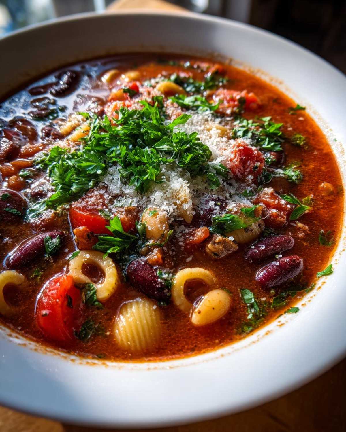 Close-up of a bowl of pasta fagioli soup, featuring pasta, beans, tomatoes, and fresh herbs.