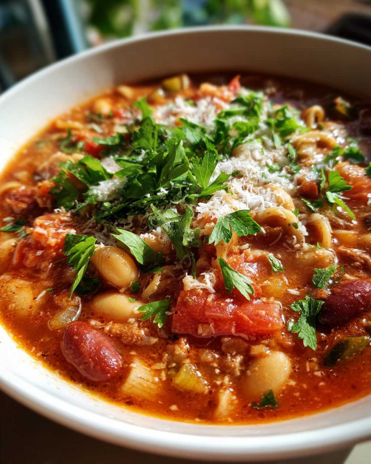 A close-up of a bowl of pasta fagioli soup, featuring pasta, beans, tomatoes, and a garnish of fresh parsley.