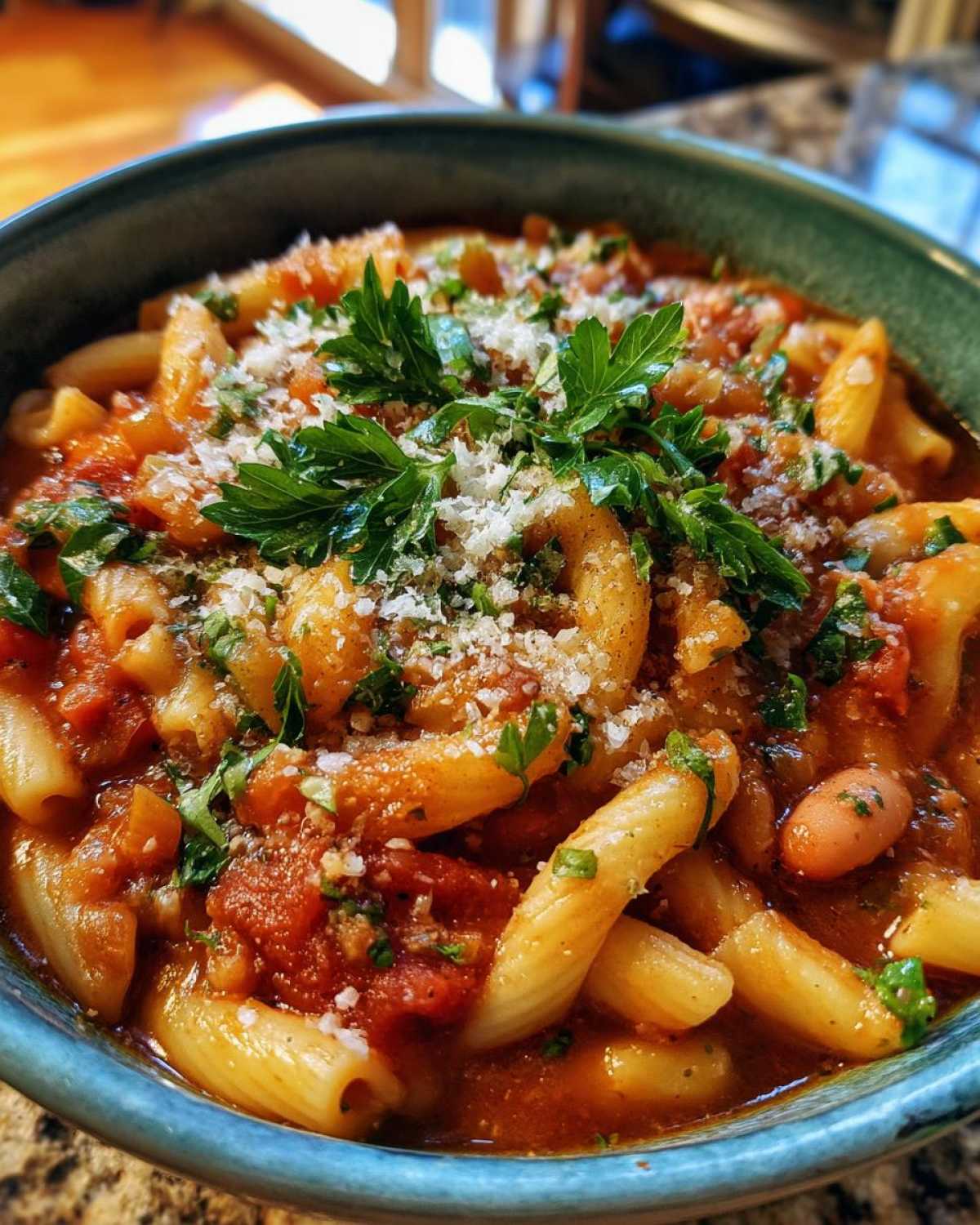 A close-up of a bowl of pasta fagioli soup, topped with fresh parsley and parmesan cheese.