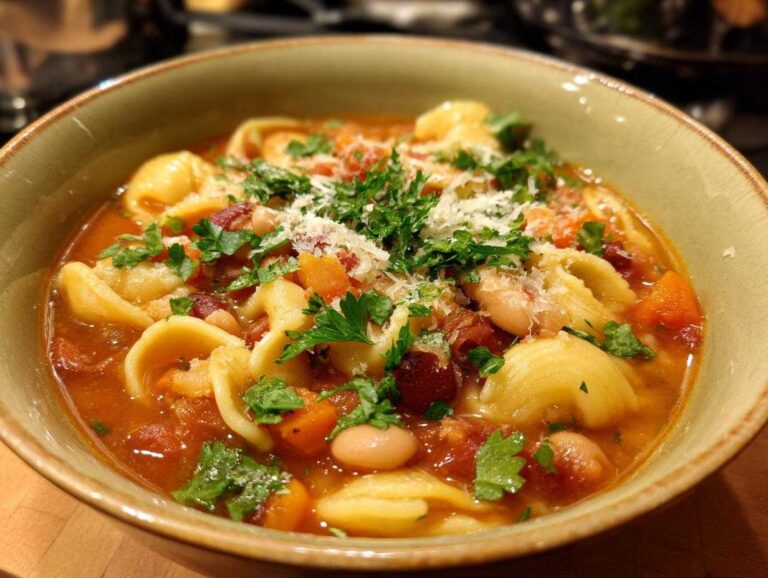 A bowl of hearty pasta fagioli soup, featuring shell pasta, beans, carrots, and a sprinkle of parmesan and parsley.