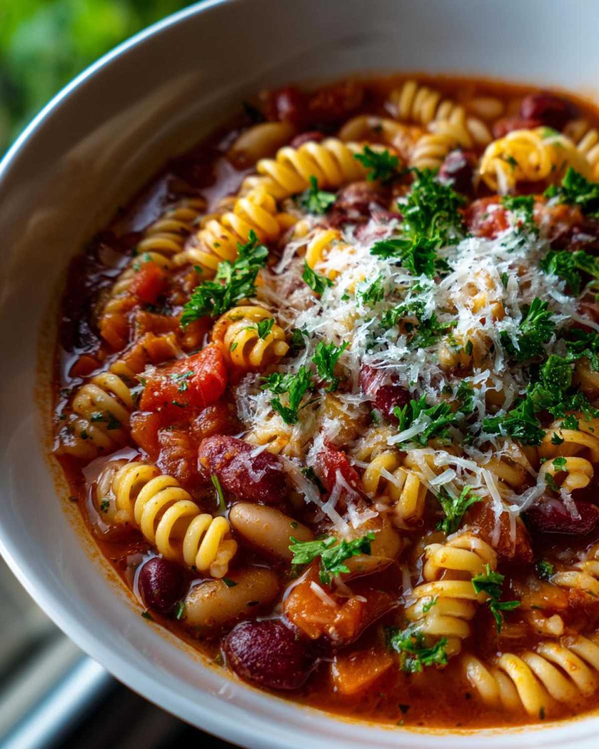 Close-up of a bowl of pasta fagioli soup, featuring rotini pasta, kidney beans, and a sprinkle of parmesan and parsley.