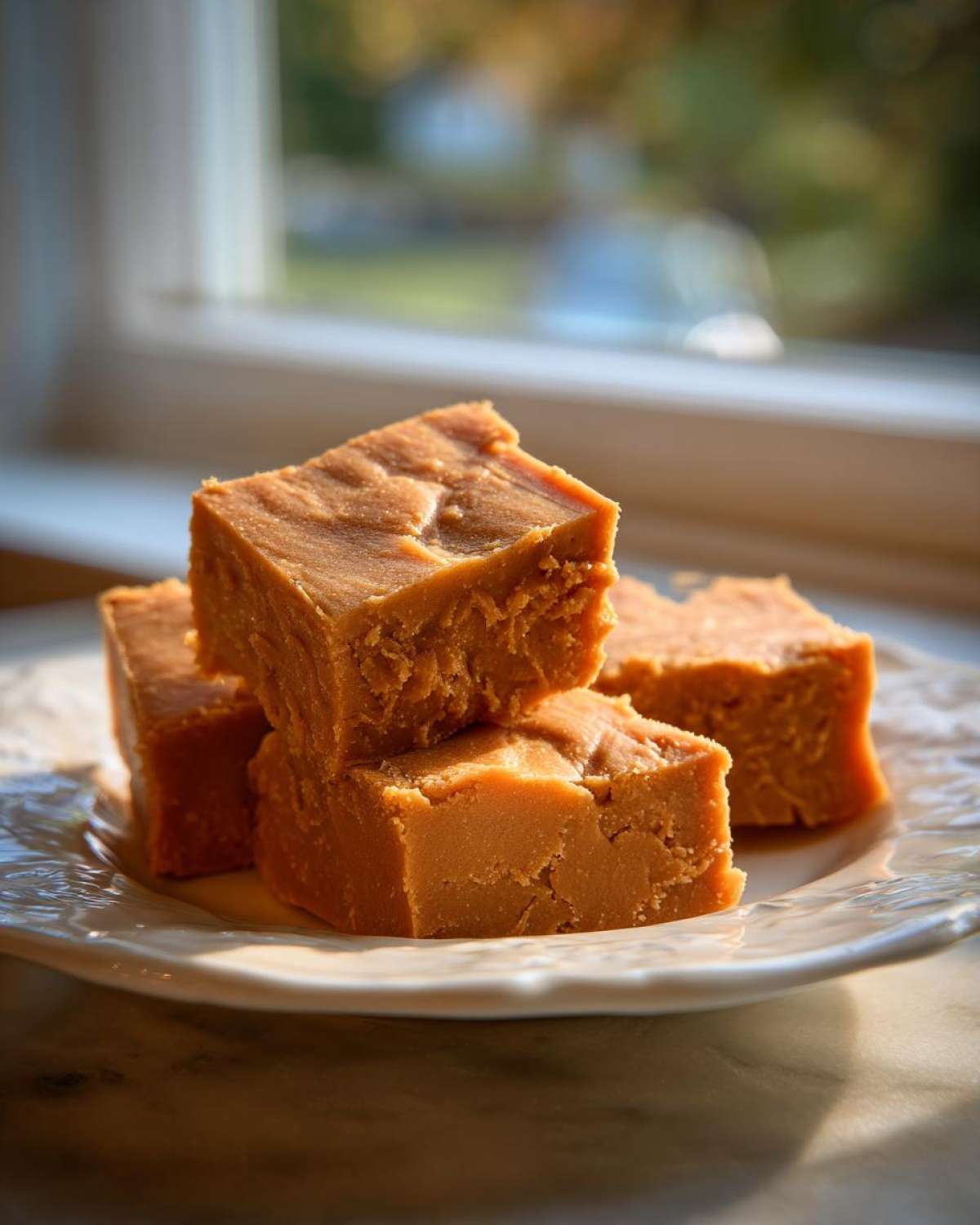 A stack of creamy peanut butter fudge on a white plate, ready to enjoy from this peanut butter fudge recipe.