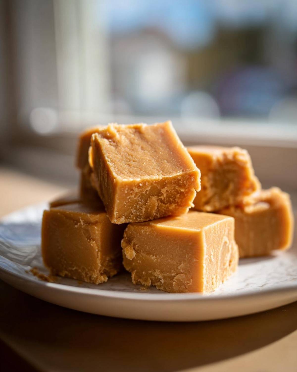 A stack of homemade peanut butter fudge recipe squares on a white plate, showcasing its creamy texture.