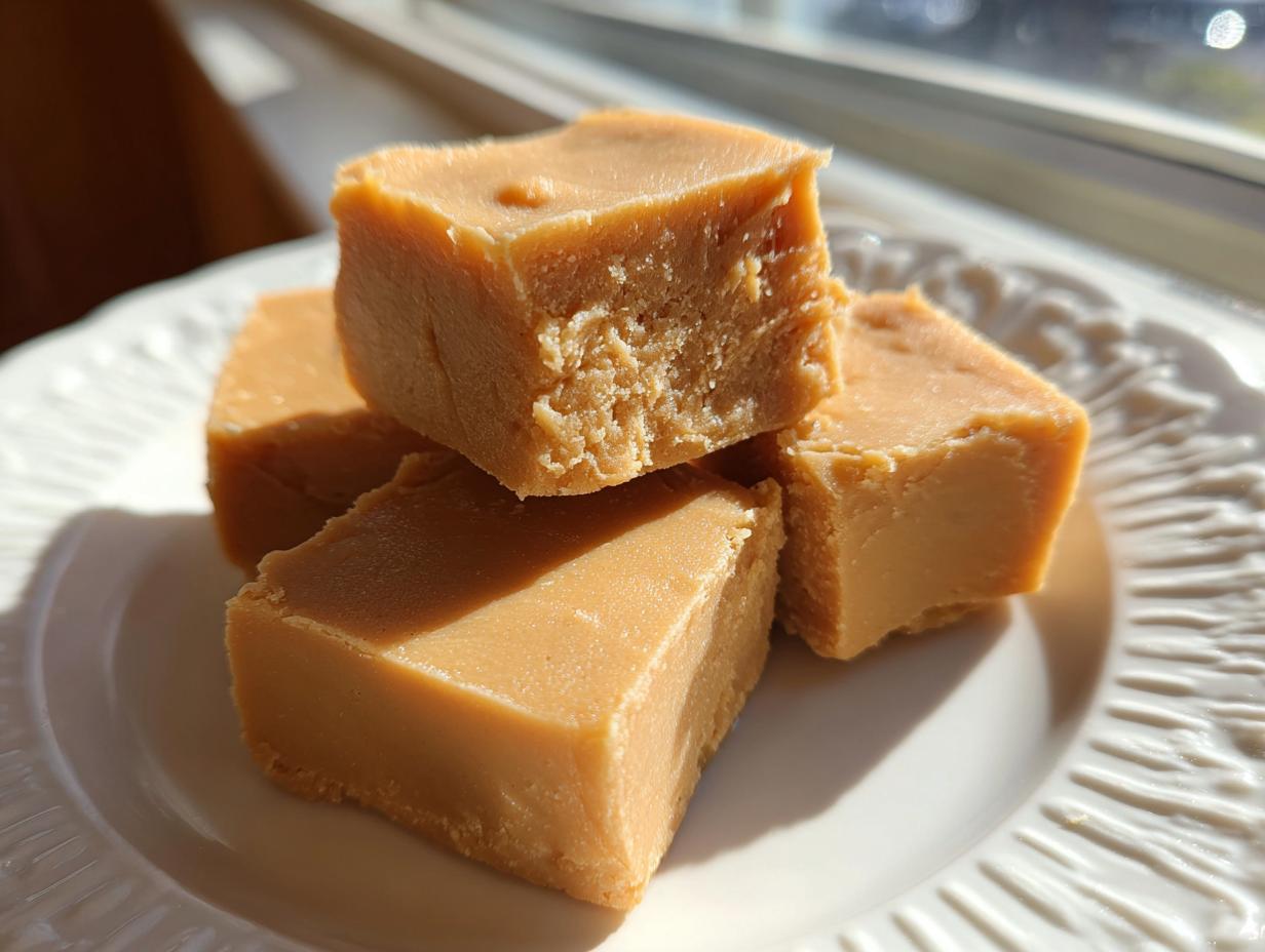 Four squares of creamy peanut butter fudge recipe stacked on a white plate, lit by natural light.