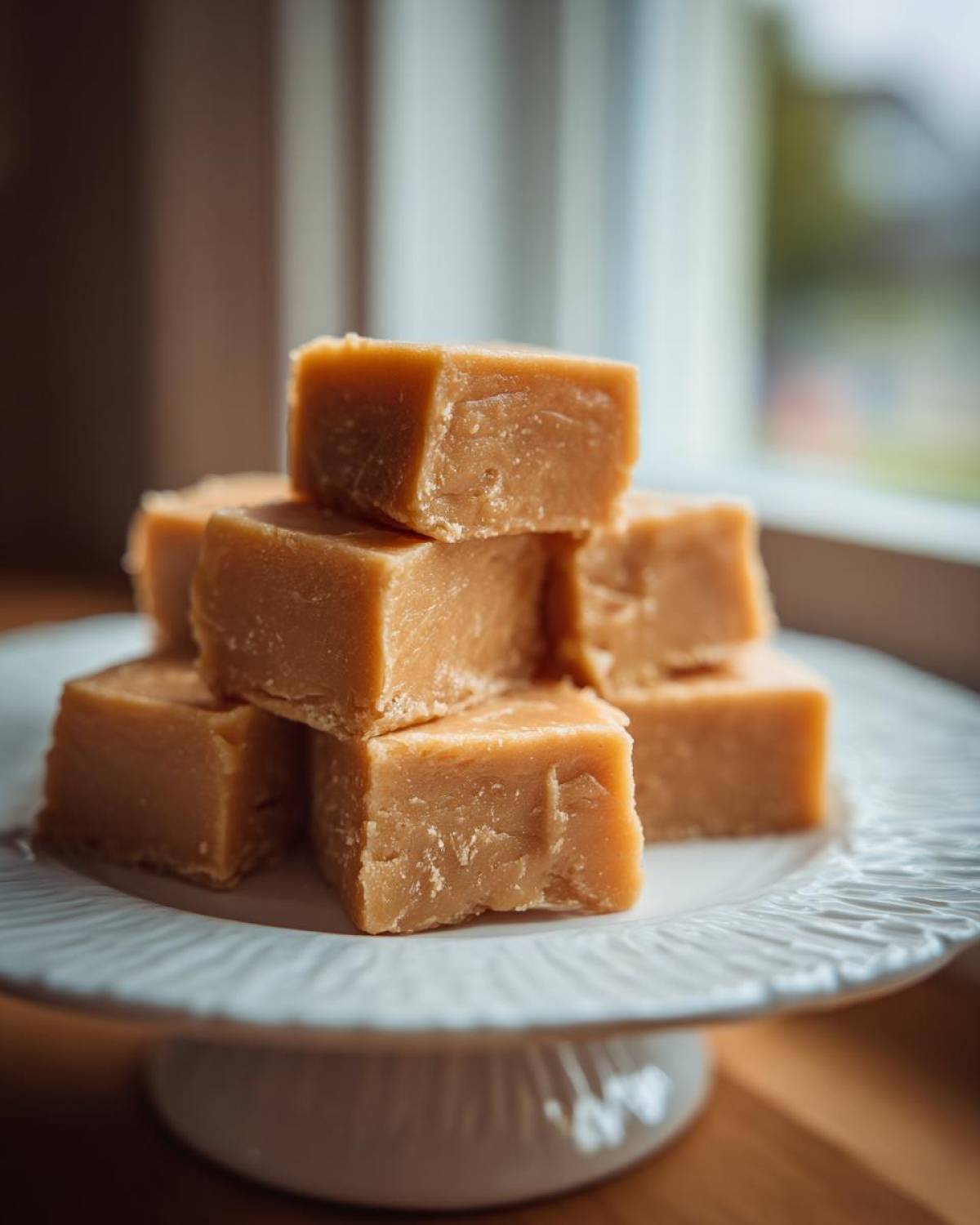 A stack of homemade peanut butter fudge recipe squares on a white pedestal plate.