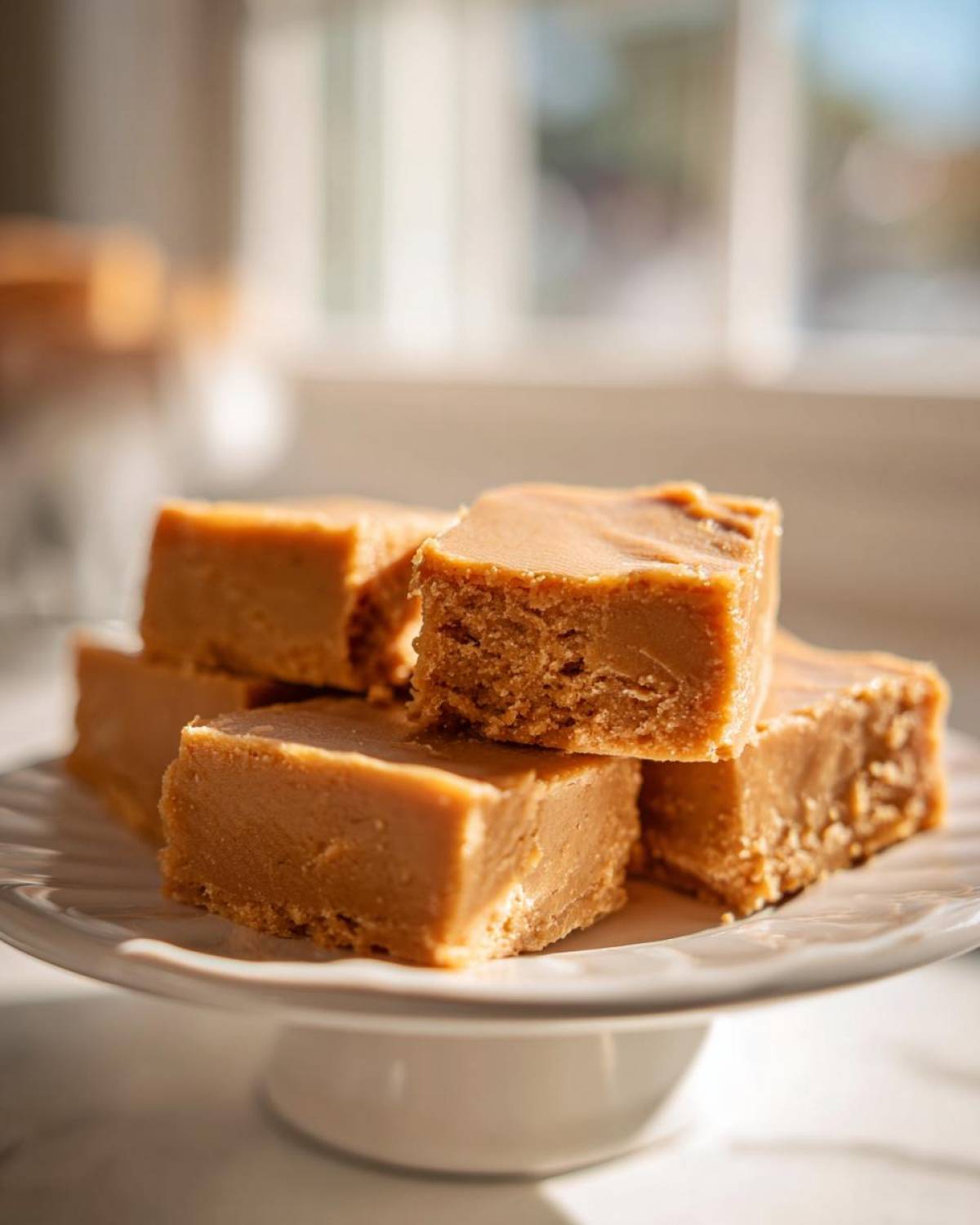 A stack of homemade peanut butter fudge squares on a white serving platter, ready to eat.