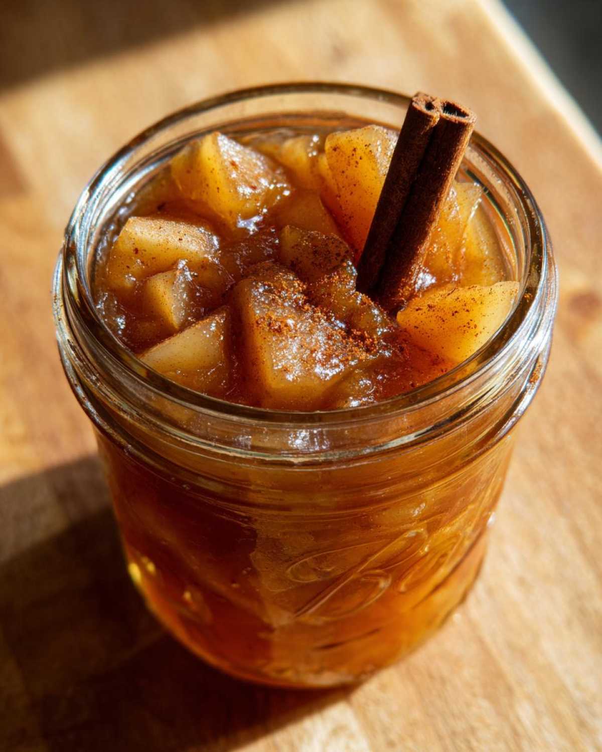 Overhead shot of a jar of homemade pear preserves with a cinnamon stick, dusted with spice.