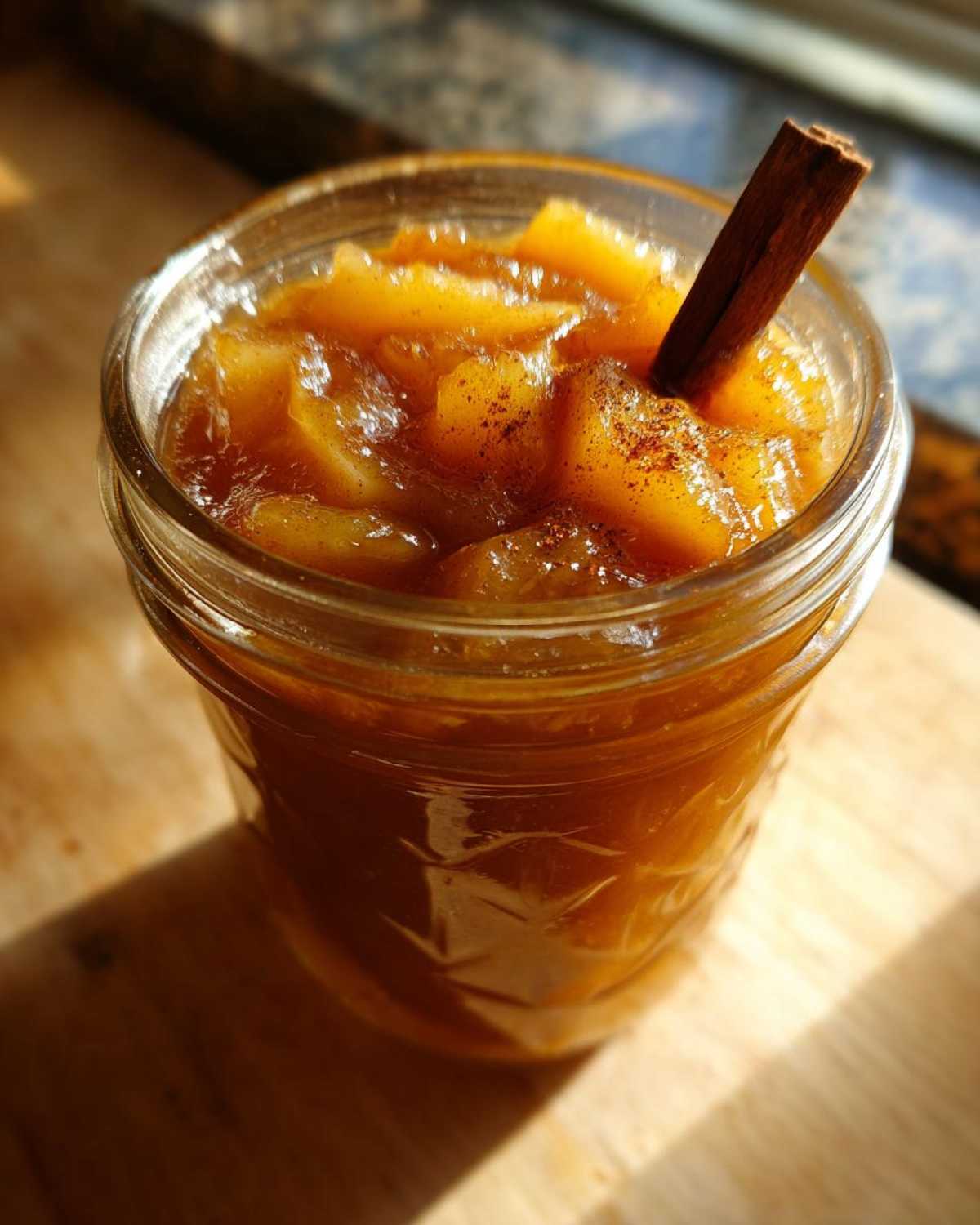 Close-up of a jar filled with golden pear preserves, garnished with a cinnamon stick on a wooden surface.