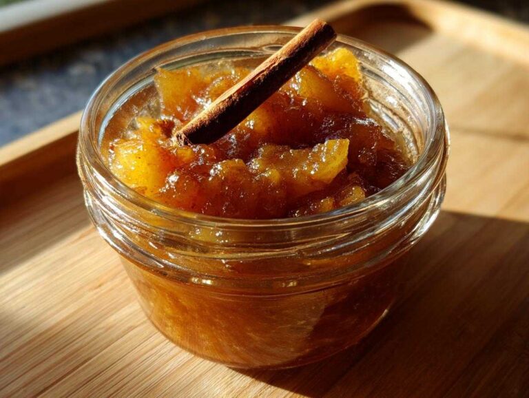 Close-up of homemade pear preserves in a glass jar, topped with a cinnamon stick.