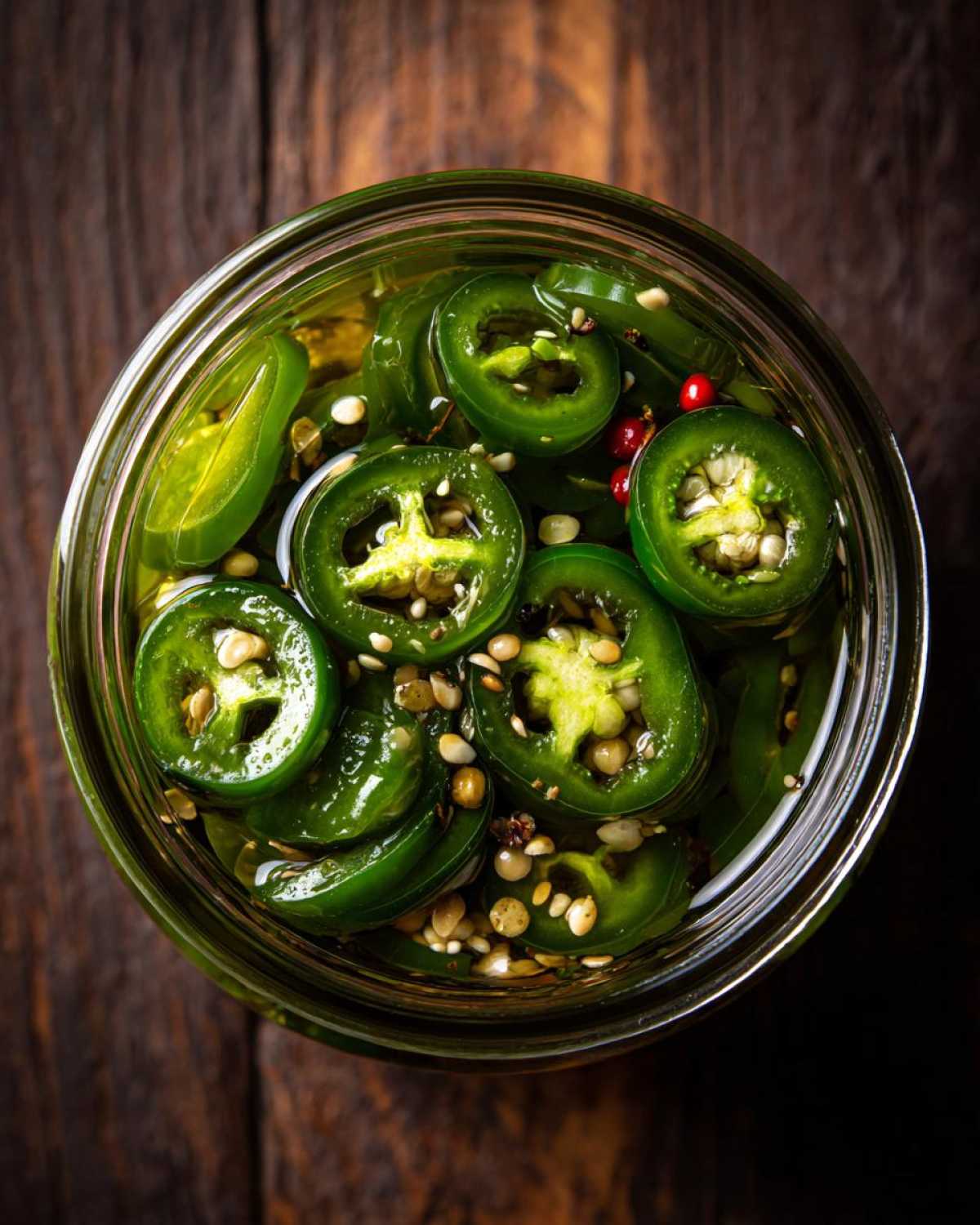 Overhead shot of a glass jar filled with vibrant green pickled jalapenos and spices.