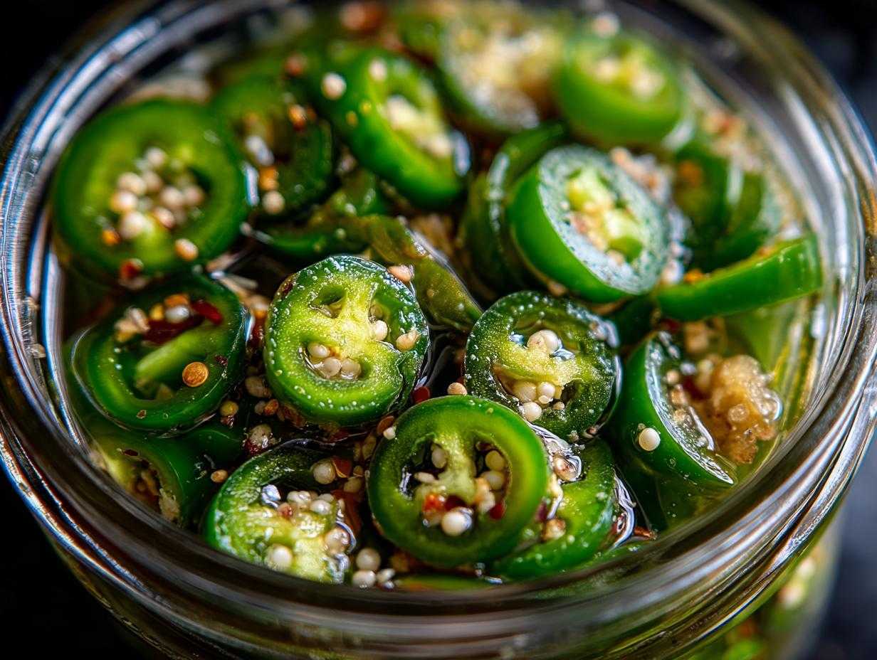 Close-up of vibrant green pickled jalapenos slices in a glass jar, showcasing their texture and brine.