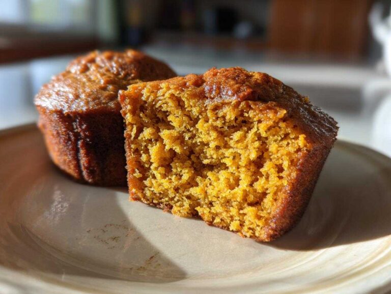 Two protein pumpkin muffins on a plate, one cut in half to show the texture.