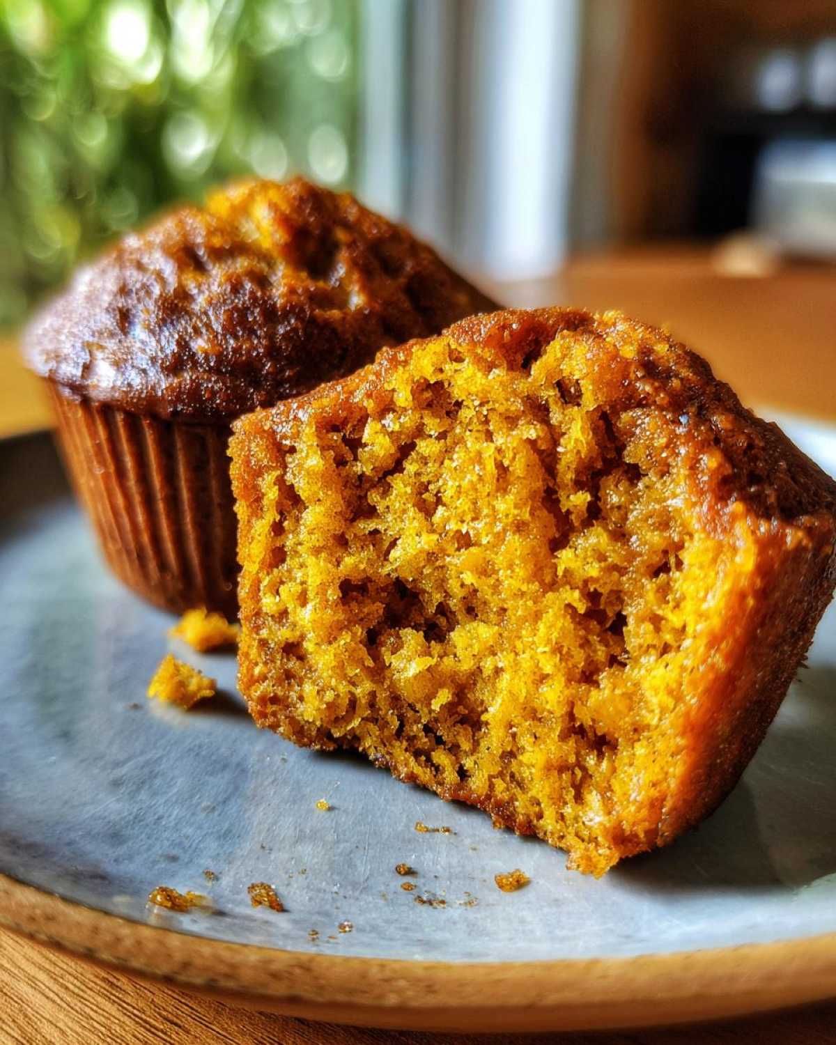 A halved protein pumpkin muffin on a plate, showcasing the moist interior texture. Another muffin sits behind it.