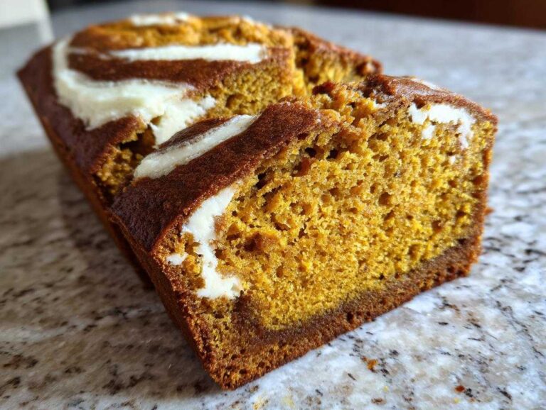 Close-up of sliced pumpkin bread with cream cheese swirl on top, showcasing the moist texture.