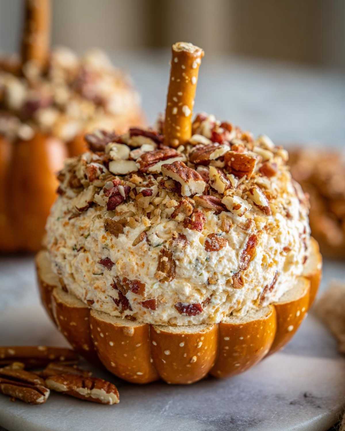 A delicious pumpkin cheese ball appetizer made with pretzels, nuts, and a pretzel stem.