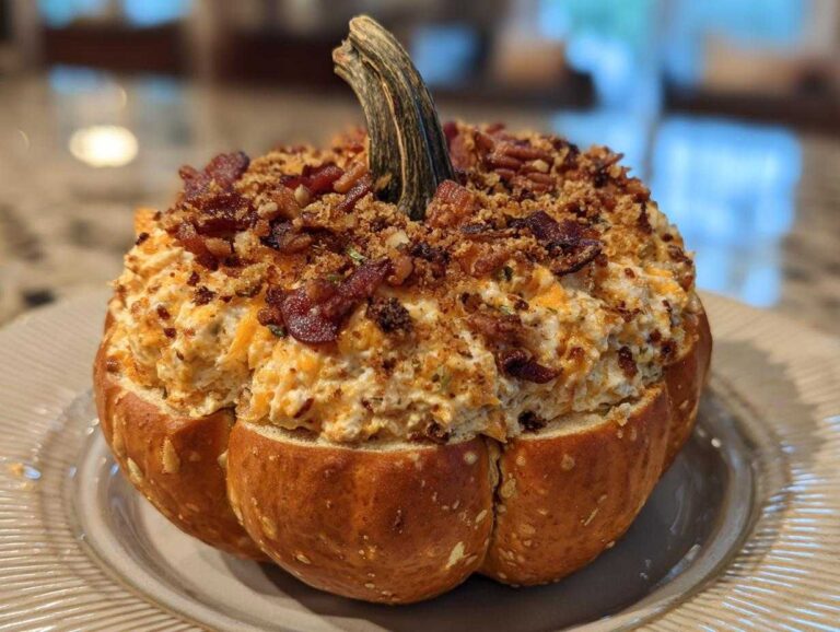 A delicious pumpkin cheese ball appetizer, topped with bacon and served in a pumpkin-shaped bread bowl.
