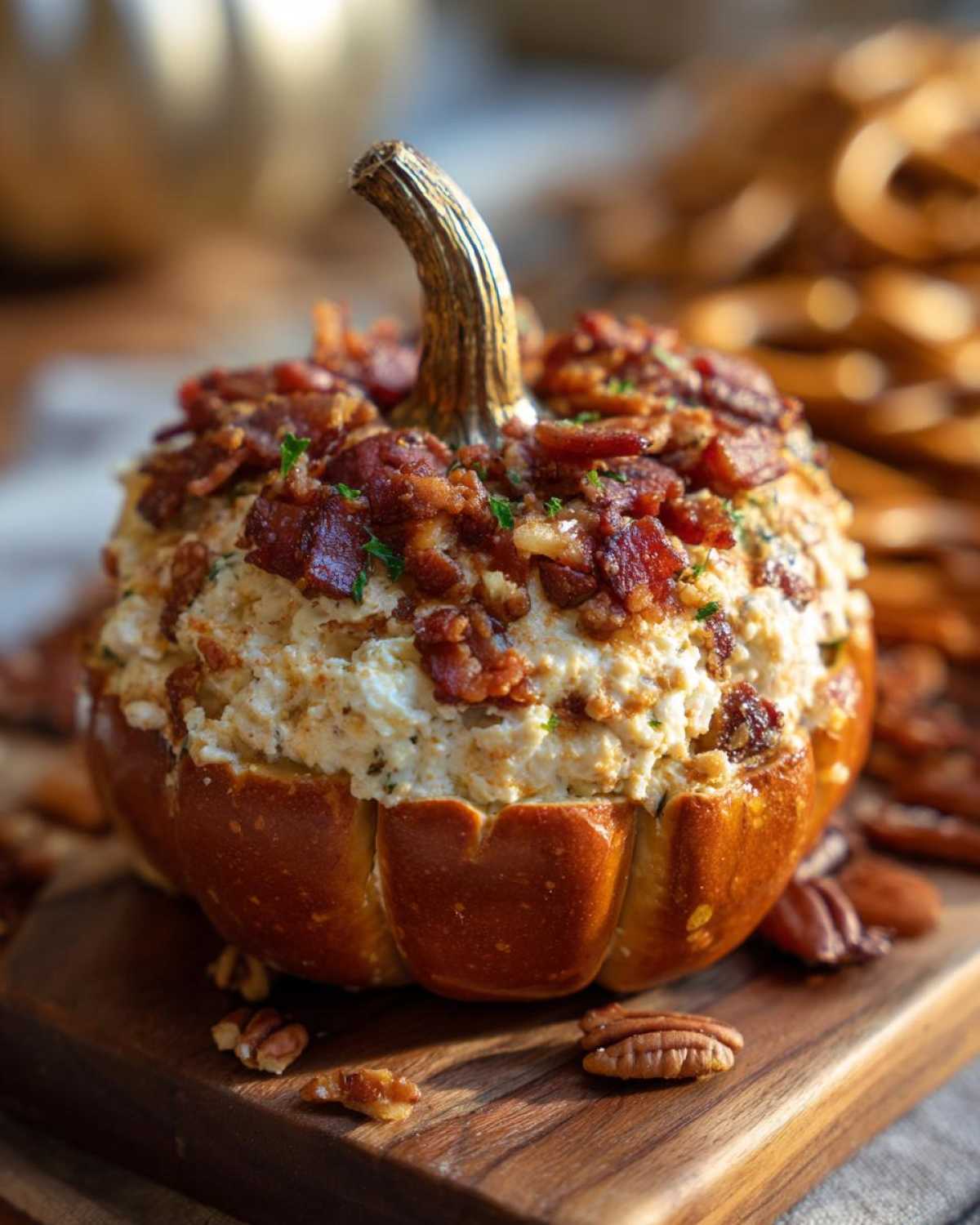 A pumpkin cheese ball appetizer with bacon topping, served on a wooden board with pretzels and pecans.