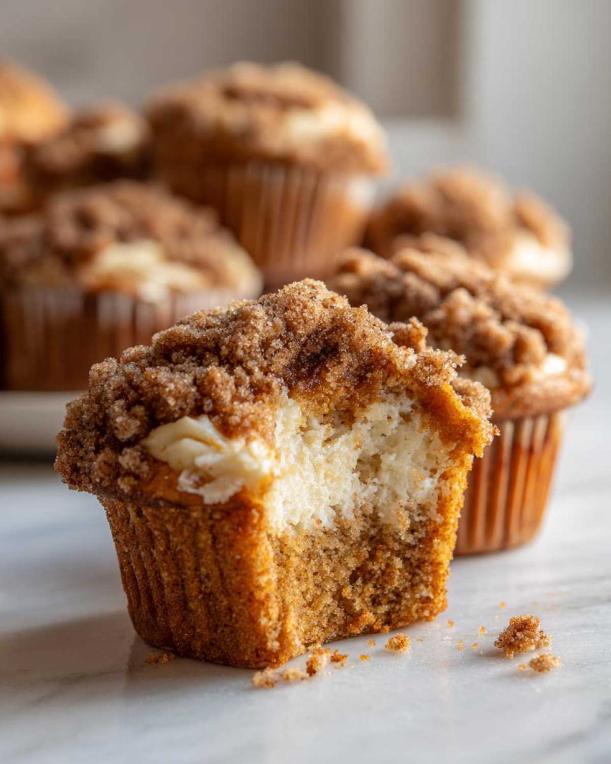 Close-up of a pumpkin cheesecake muffin with a bite taken out, showing the cheesecake filling and crumble topping.