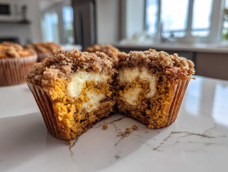 A pumpkin cheesecake muffin cut in half, showing the creamy cheesecake filling and crumb topping.