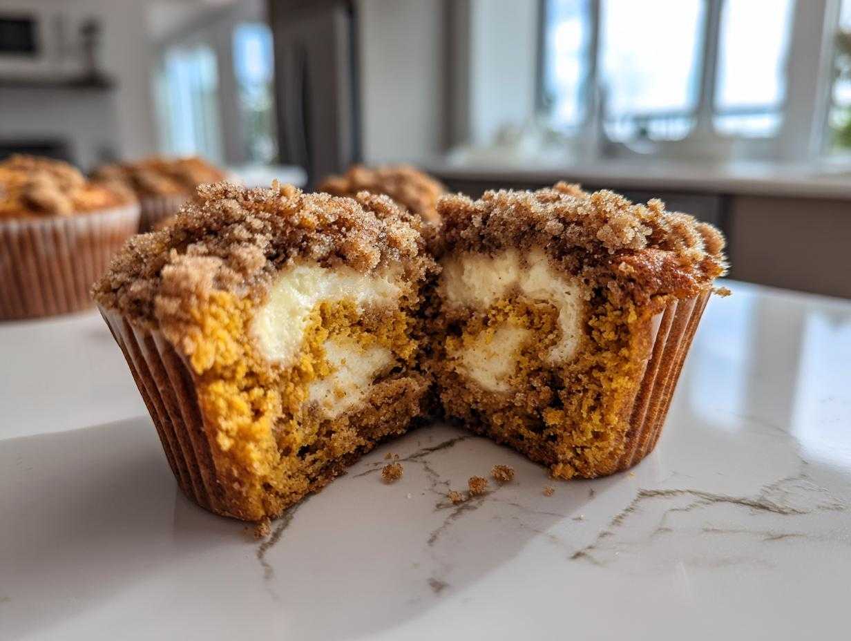 A pumpkin cheesecake muffin cut in half, showing the creamy cheesecake filling and crumb topping.