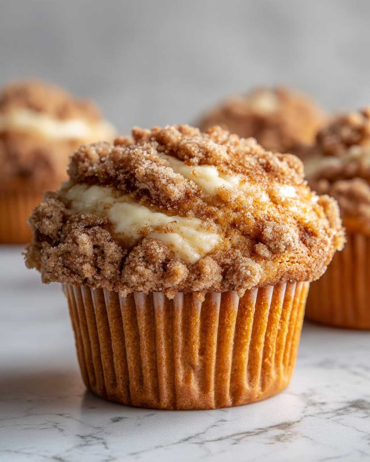 Close-up of a pumpkin cheesecake muffin with a crumb topping and cream cheese filling.