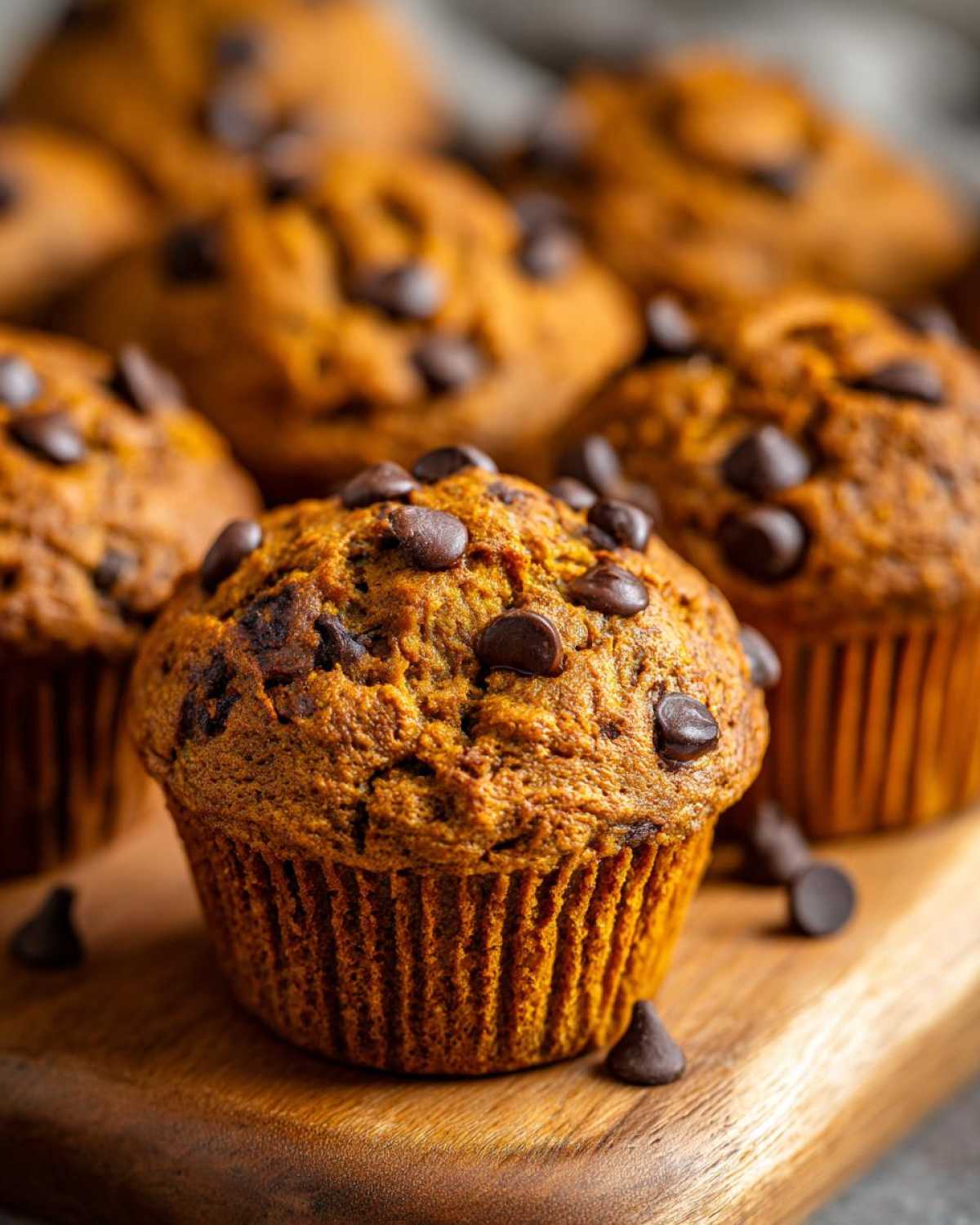 Close-up of pumpkin chocolate chip muffins on a wooden board, showcasing the texture and chocolate chips.