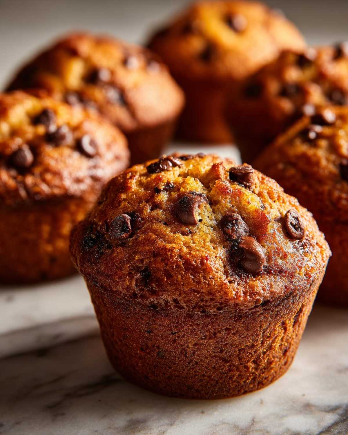 Close-up of pumpkin chocolate chip muffins. Golden brown muffins with melted chocolate chips on top.
