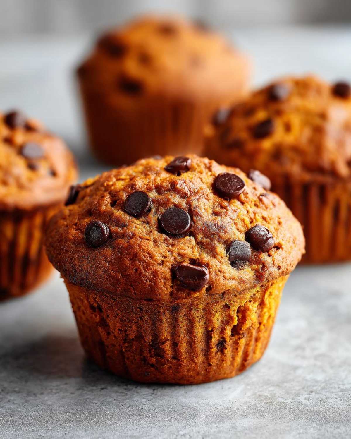 Close-up of pumpkin chocolate chip muffins with visible chocolate chips on top.