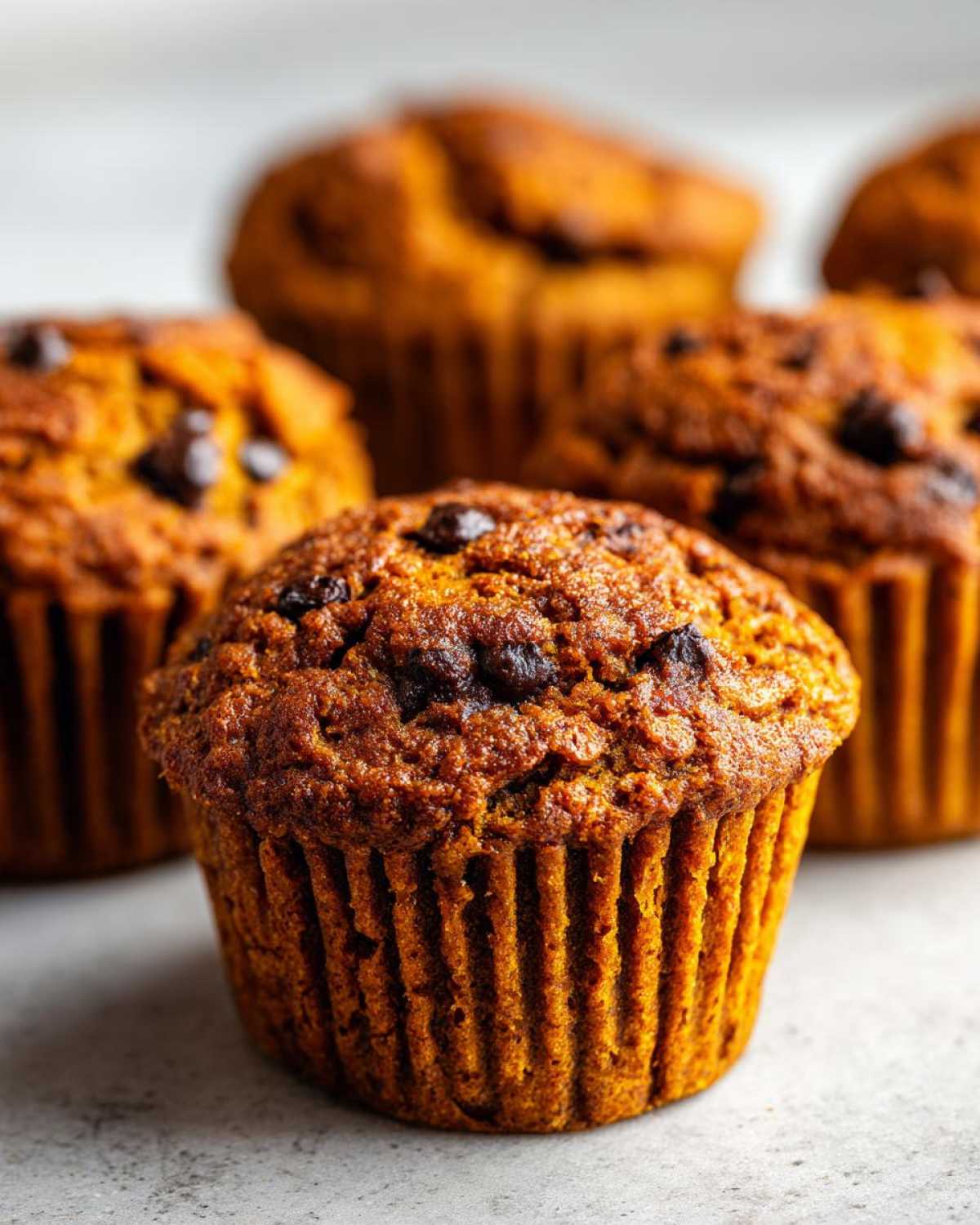 Close-up of pumpkin chocolate chip muffins on a gray surface, showcasing the texture and chocolate chips.