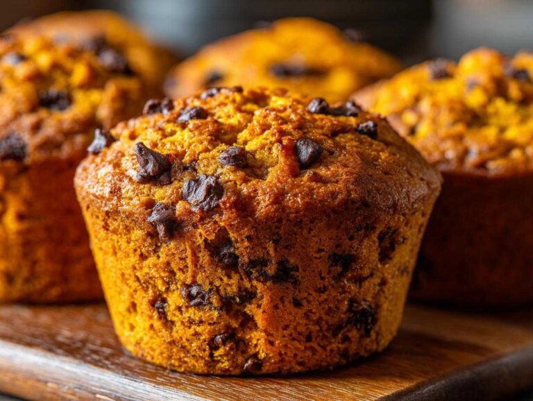 Close-up of pumpkin chocolate chip muffins on a wooden board, showcasing the texture and chocolate chips.