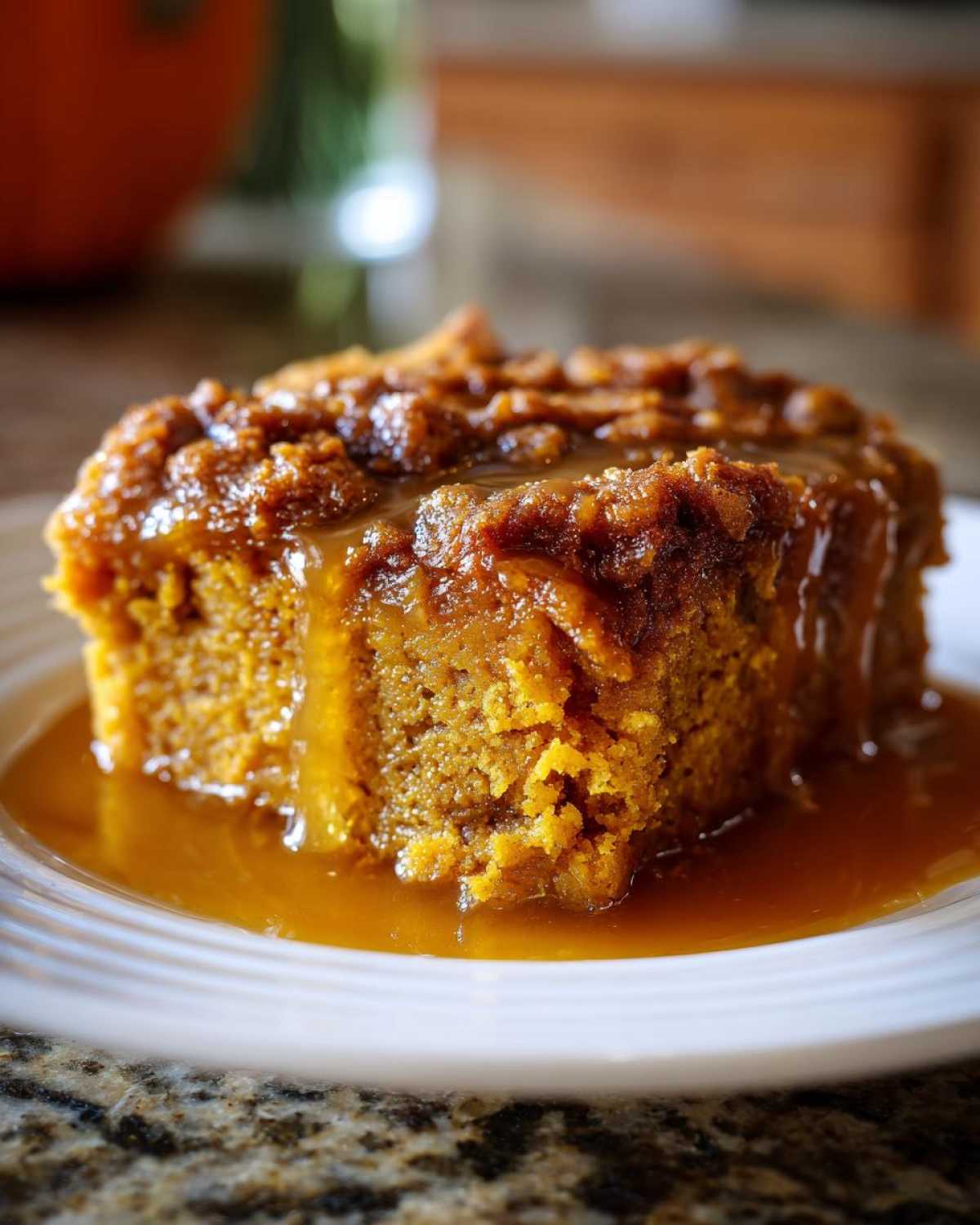 A slice of pumpkin cobbler with a gooey topping and sauce on a white plate, ready to eat.