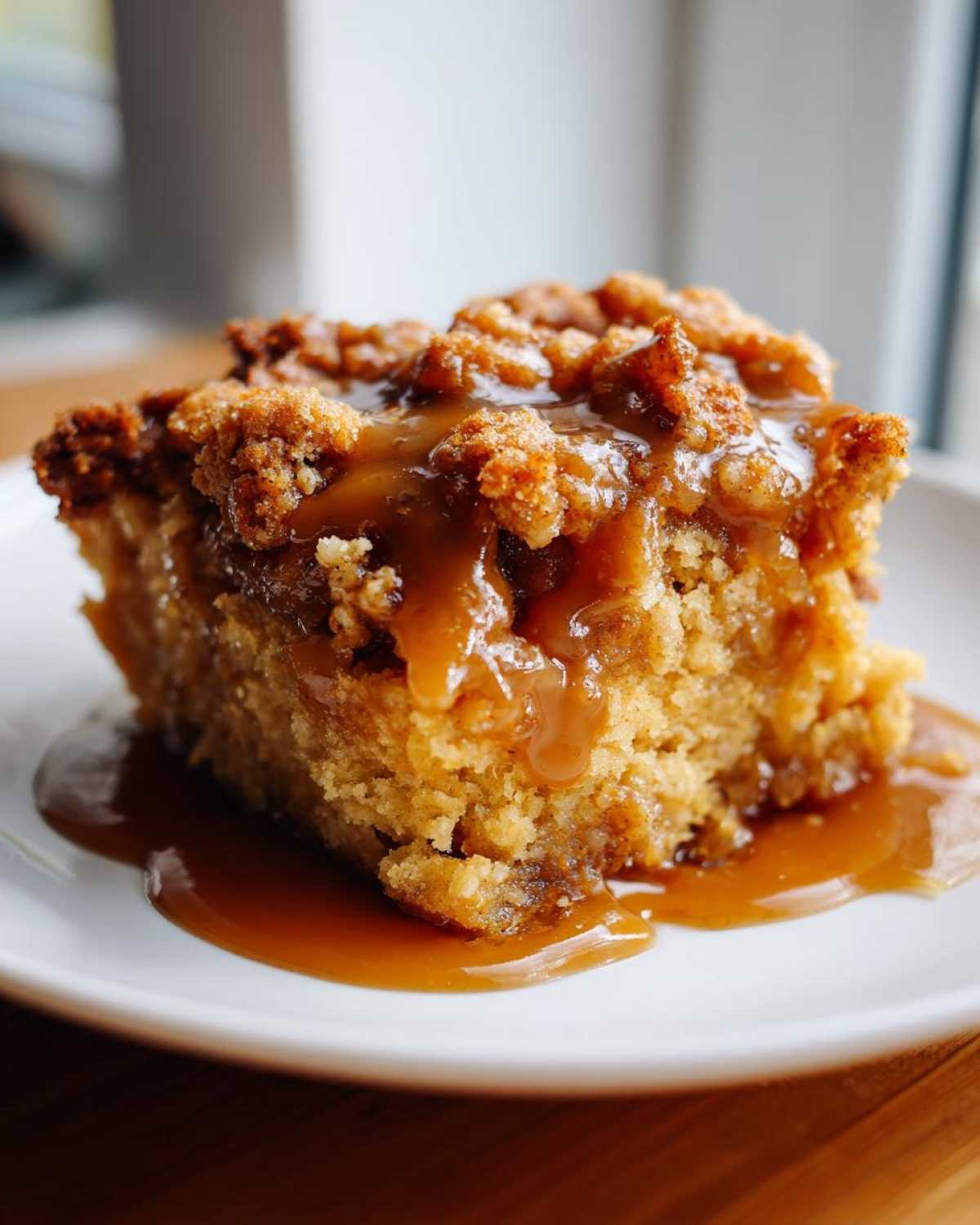 A slice of pumpkin cobbler topped with caramel sauce on a white plate. Delicious fall dessert.
