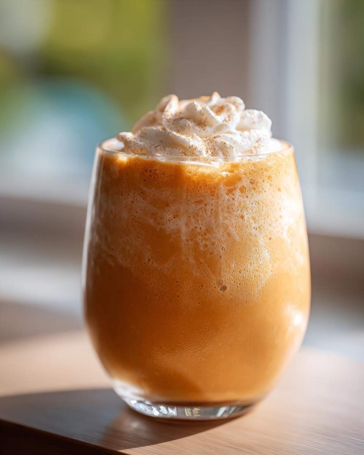A glass filled with pumpkin cold foam, topped with whipped cream and a sprinkle of spices.
