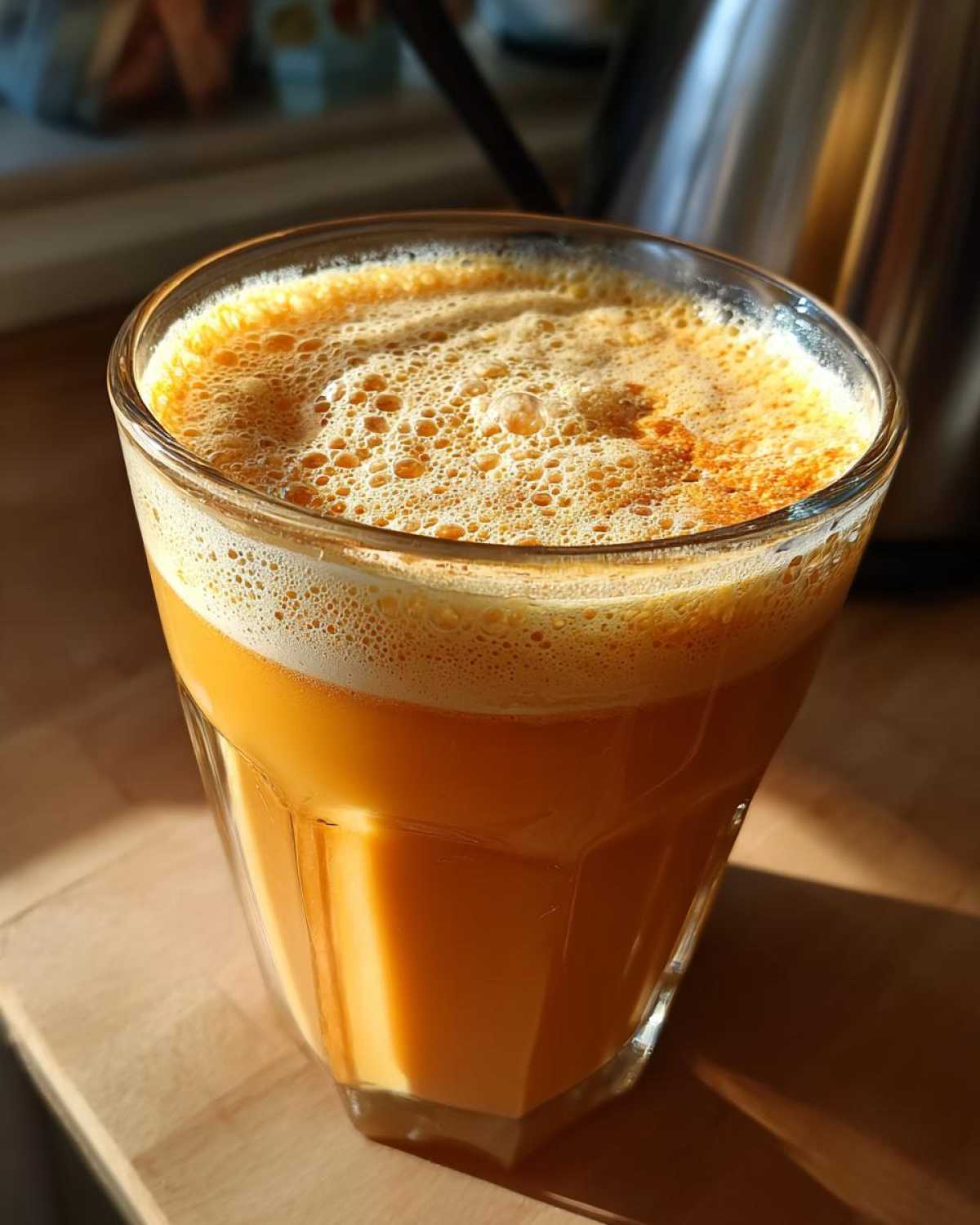 A glass filled with a vibrant orange drink topped with pumpkin cold foam.