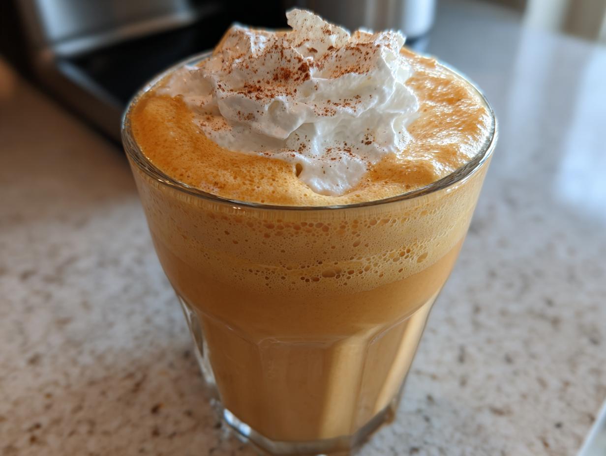 A glass filled with pumpkin cold foam, topped with whipped cream and a sprinkle of cinnamon.