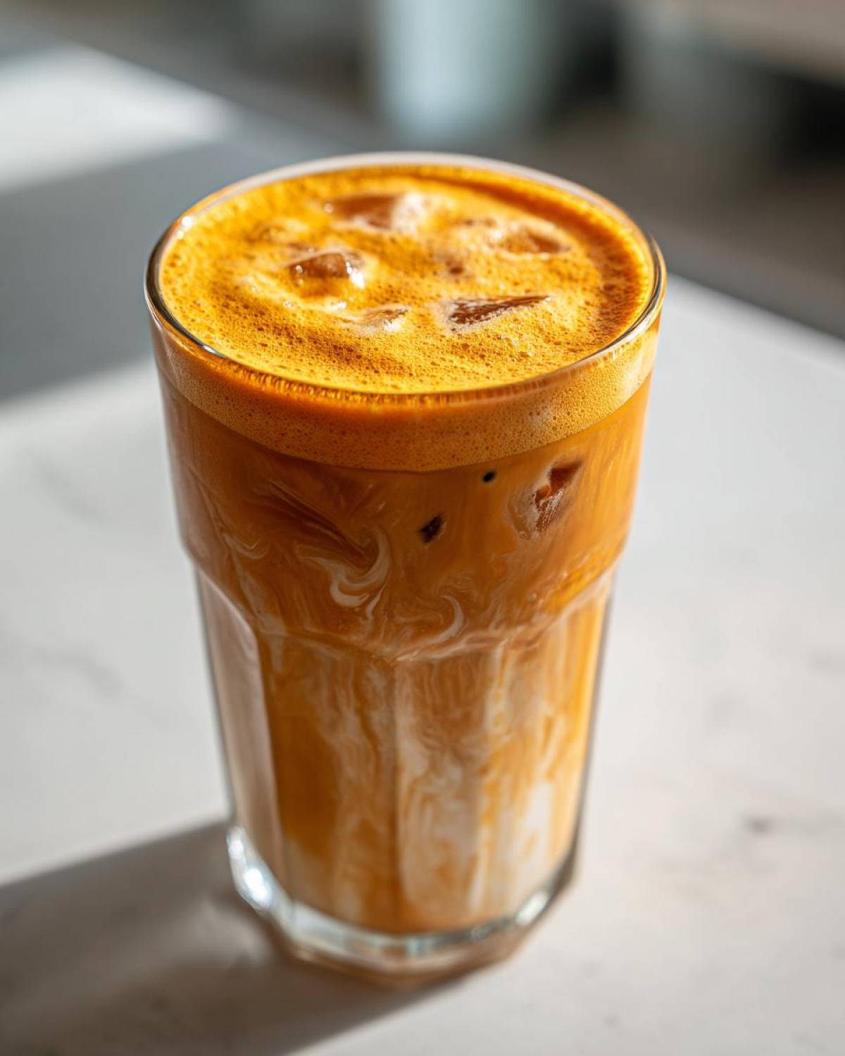 A refreshing pumpkin cream cold brew in a glass with ice and a creamy pumpkin topping.