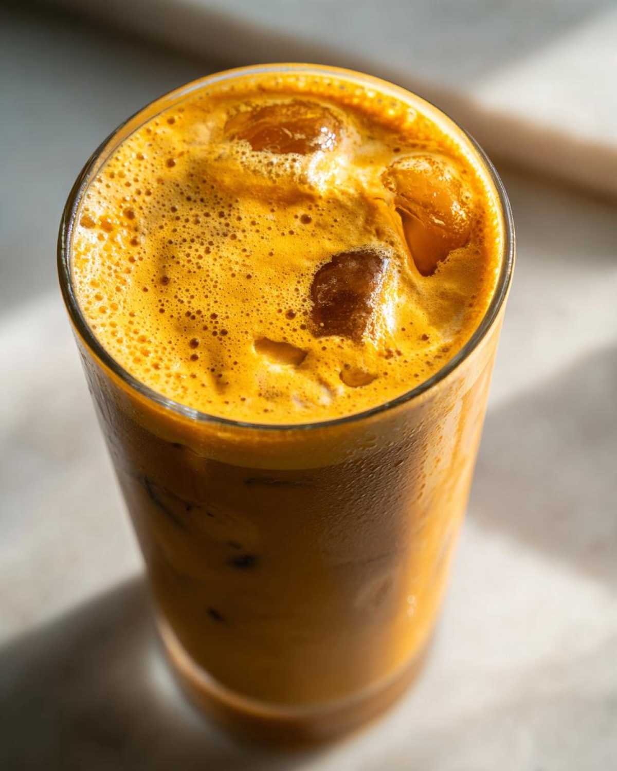 A refreshing pumpkin cream cold brew in a glass with ice. The perfect fall drink.